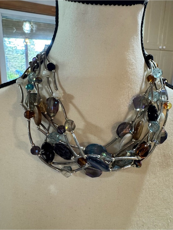 Cookie Lee Jewelry - Cookie Lee Multi-Strand Beaded Necklace in Blue, Amber, Black and Clear